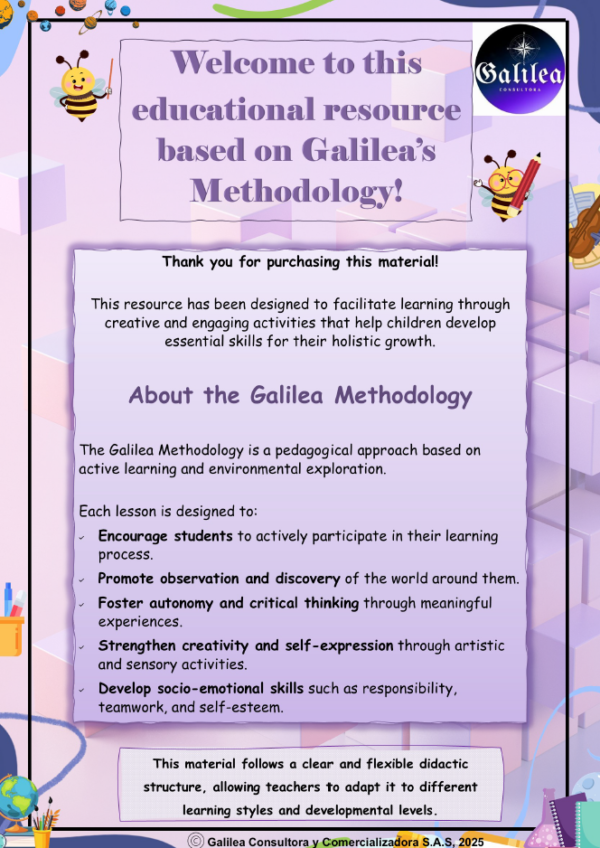 Portada de la metodología pedagógica Galilea – Estructura de lecciones educativas con guía docente y hoja creativa