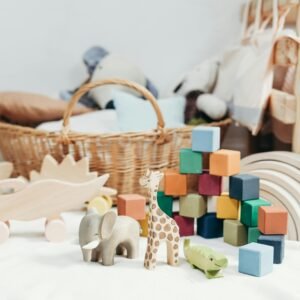 Cozy bedroom featuring a collection of colorful wooden toys and wicker basket, perfect for family fun.